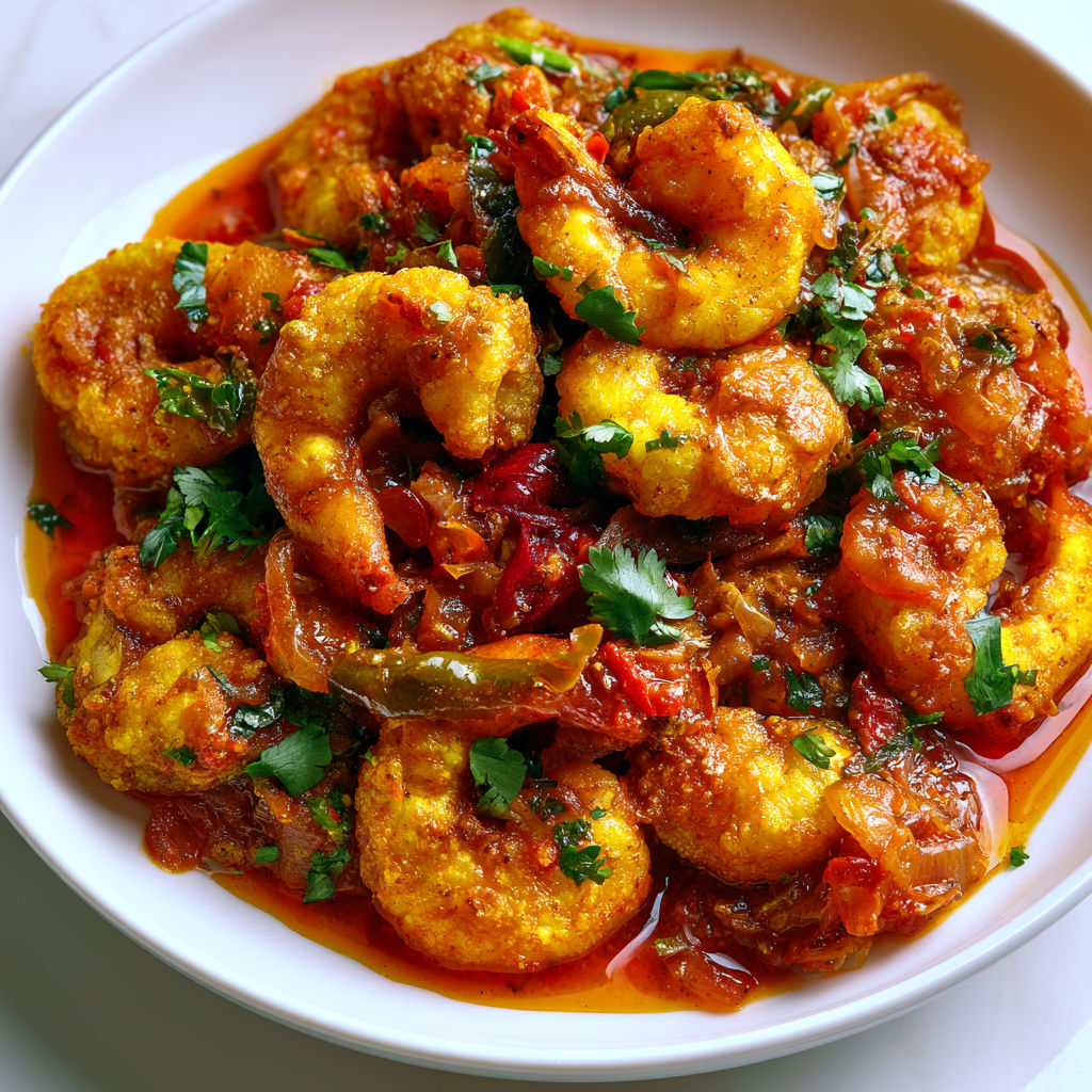 Assiette de crevettes sautées à la sauce épicée malaisienne.