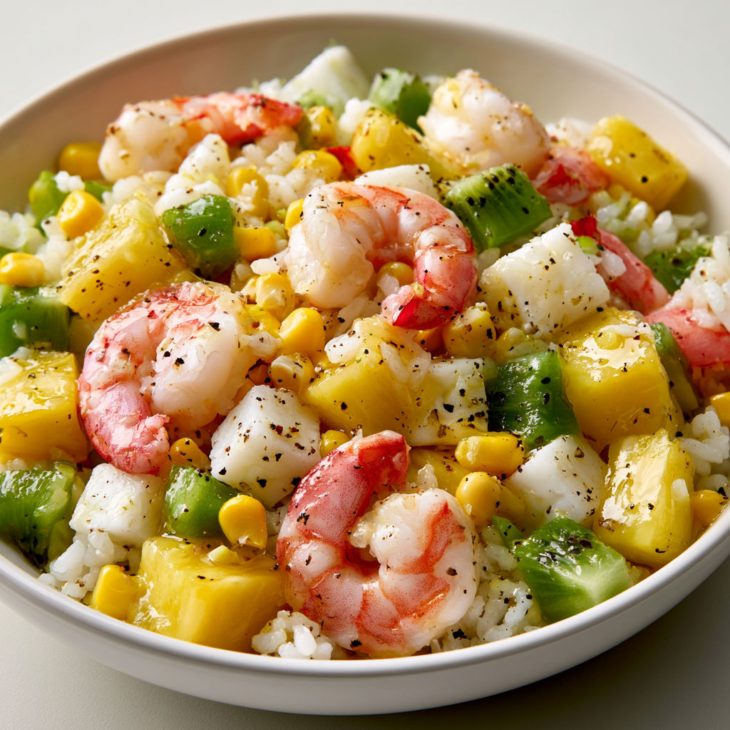 Salade exotique avec crevettes, légumes et fruits colorés.