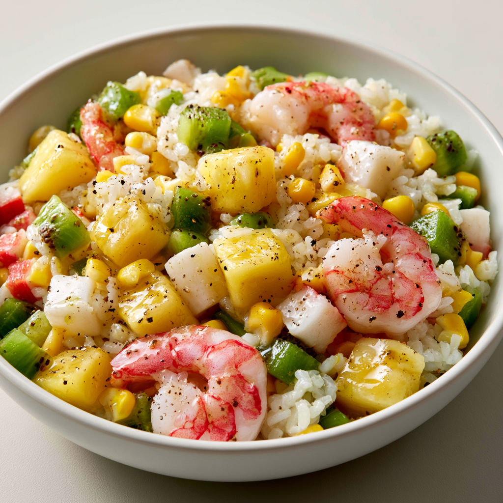 Salade façon hawaïenne avec crevettes, ananas, riz et kiwi.