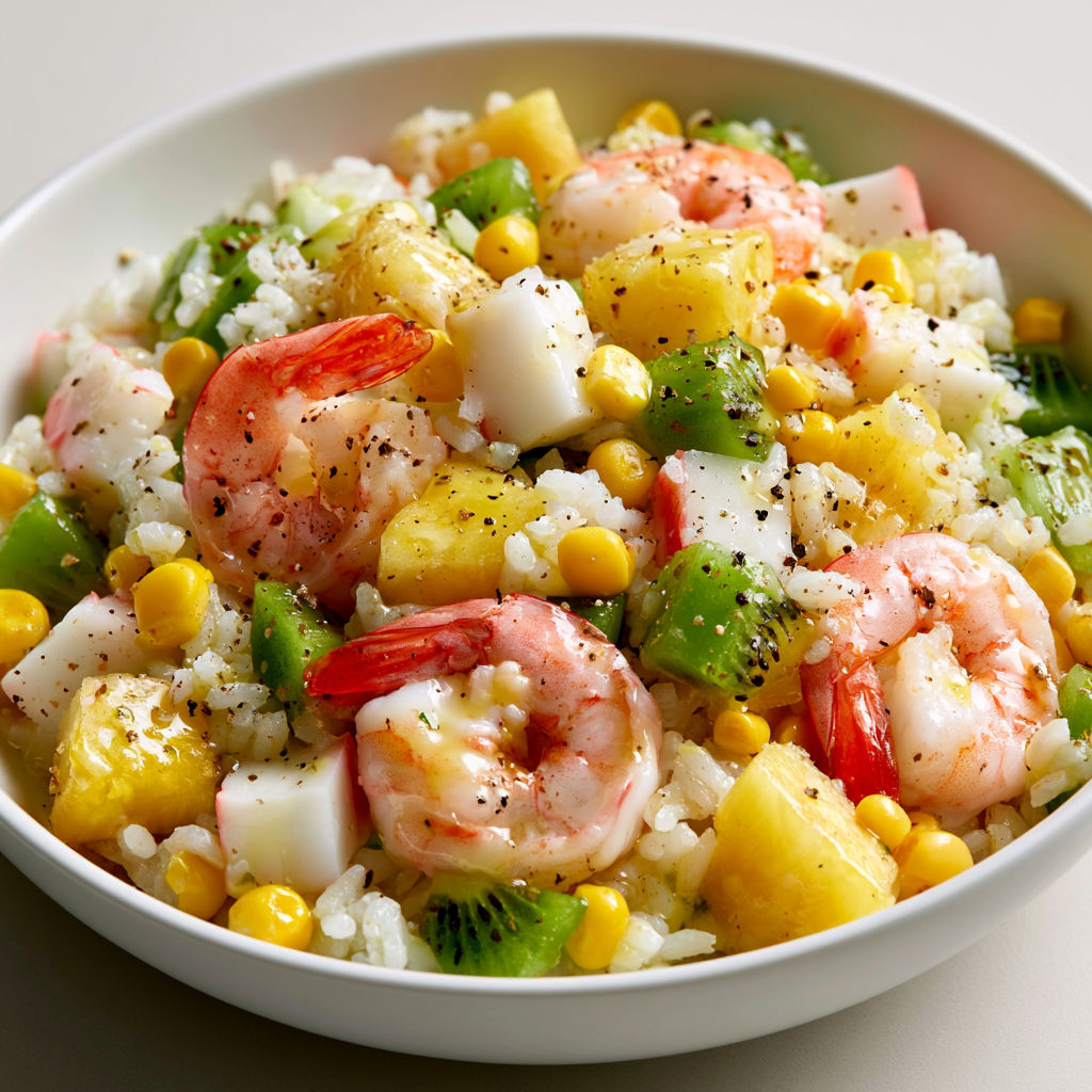 Salade hawaïenne avec riz, crevettes, surimi et fruits exotiques.