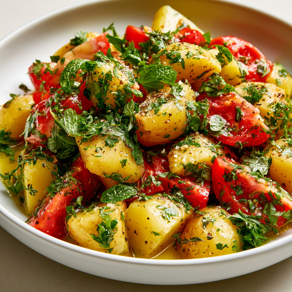 Pommes de terre toutes fraîches avec plein d’herbes et du citron.