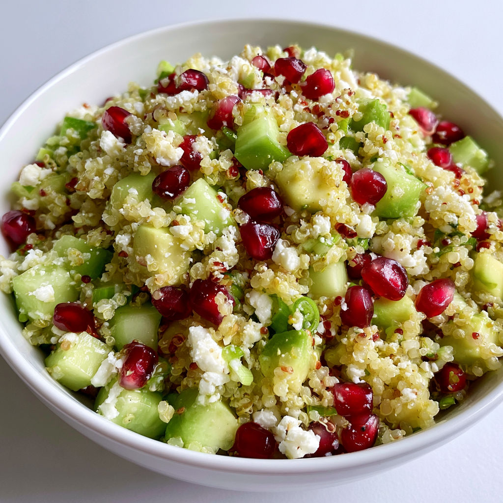 Un bol rempli d'une belle combinaison de quinoa, avocat, concombre, grenade et feta.