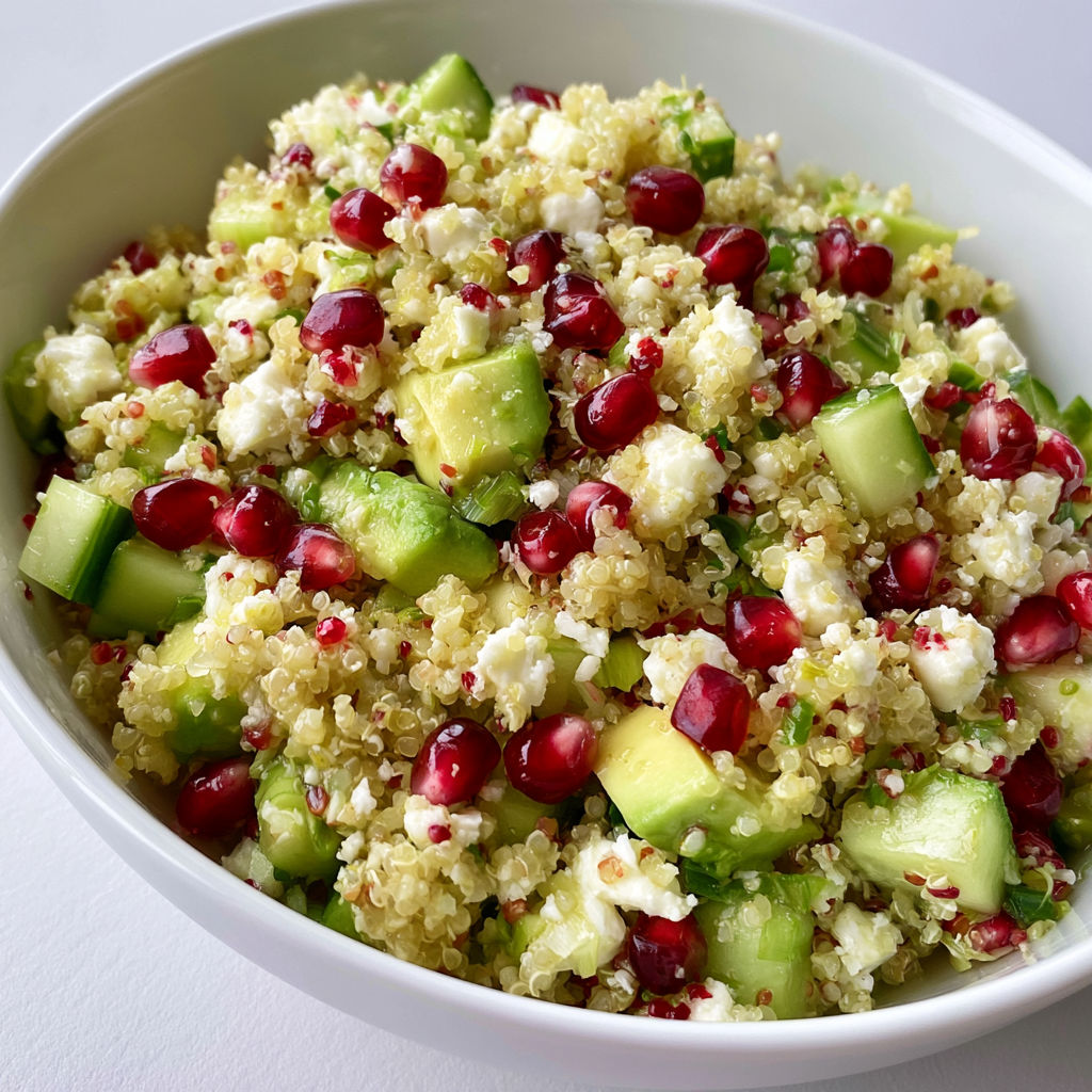 Bol de quinoa frais avec avocat, feta, concombre et grenade.