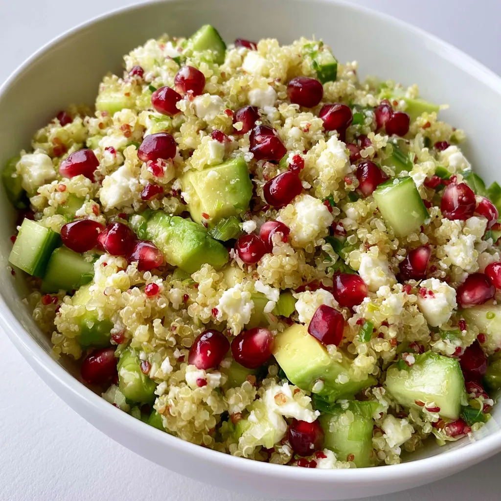 Bol de quinoa frais avec avocat, feta, concombre et grenade.