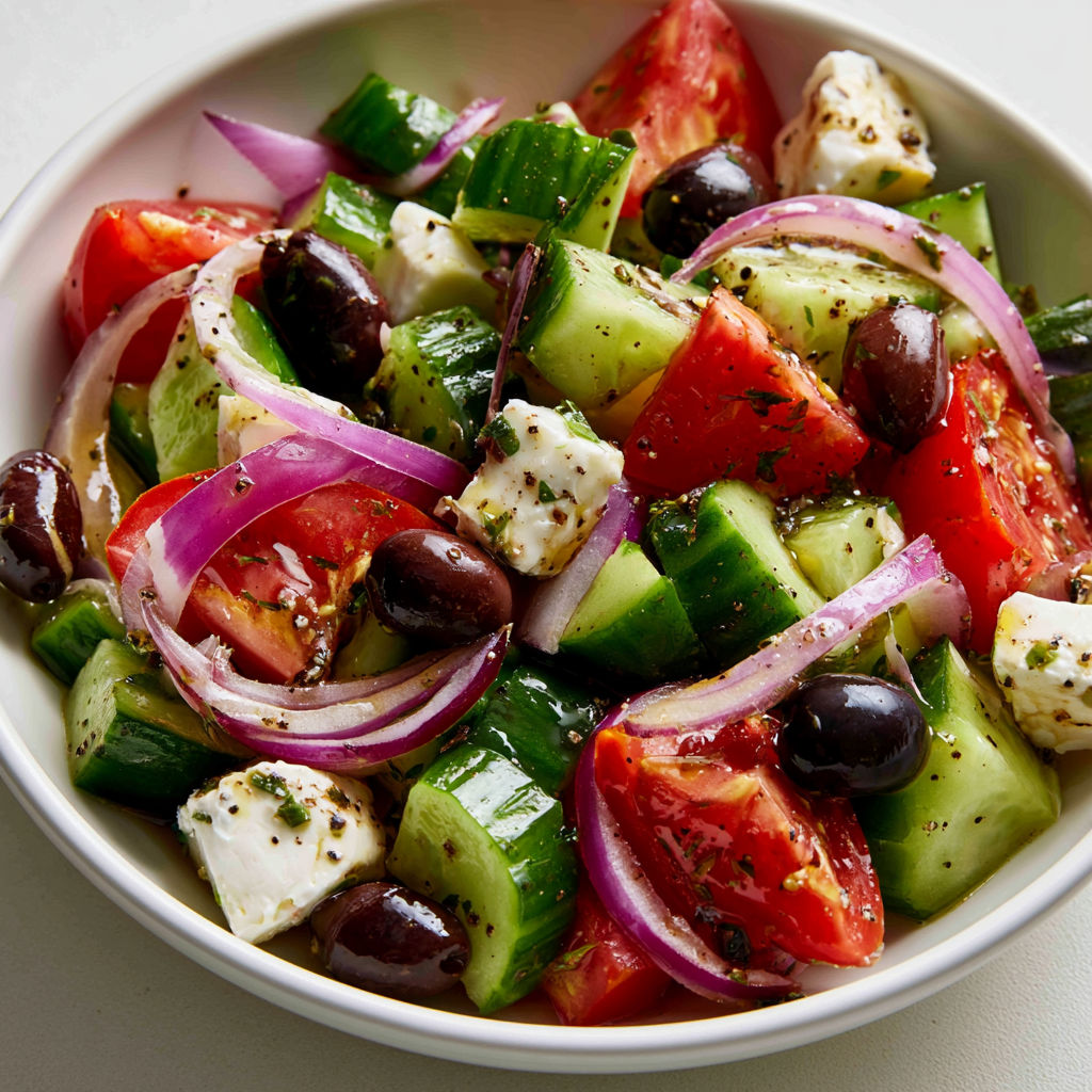 Un bol de salade mélangeant feta, tomates, concombres et olives.