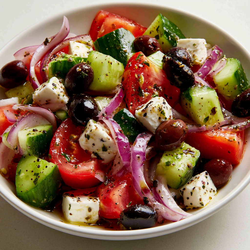 Salade grecque avec feta, tomates, concombre et olives, servie fraîche.