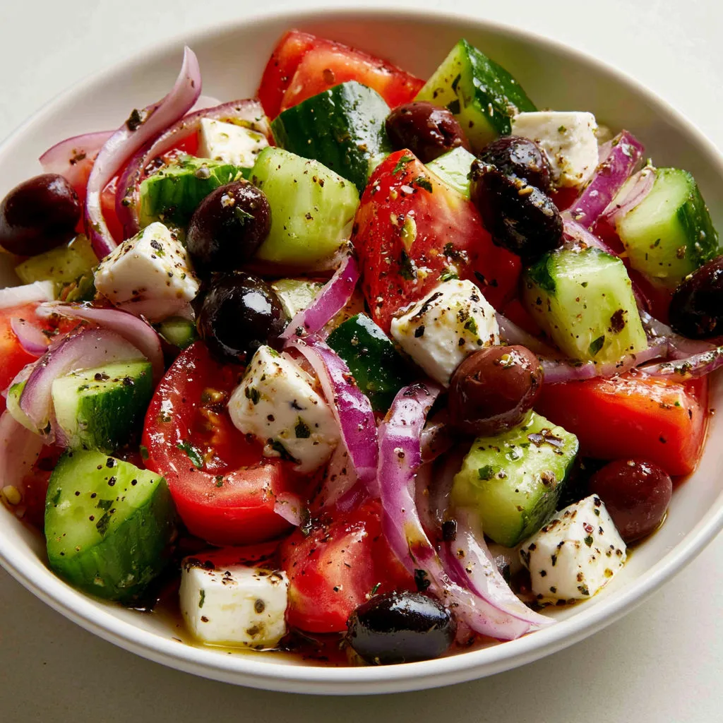 Salade grecque avec feta, tomates, concombre et olives, servie fraîche.