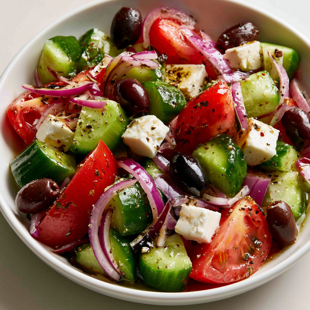 Salade grecque authentique à la feta, ultra colorée et pleine de goût.