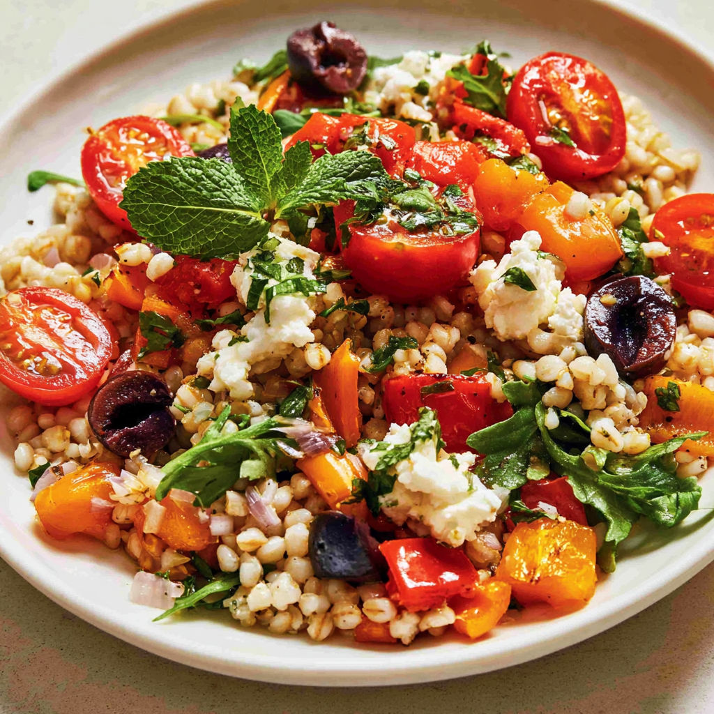 Un mélange coloré d'orge, poivrons rôtis, feta et herbes fraîches