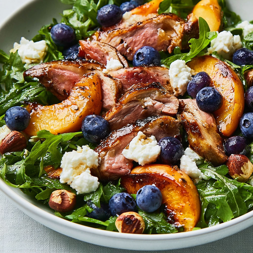 Agneau, pêches et myrtilles dans une salade fraîche