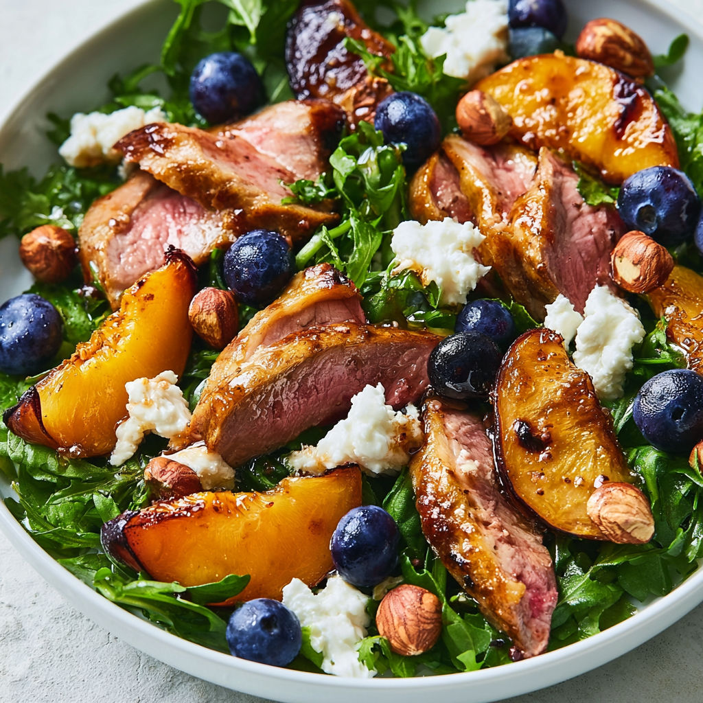 Salade colorée agneau pêches myrtilles chèvre frais