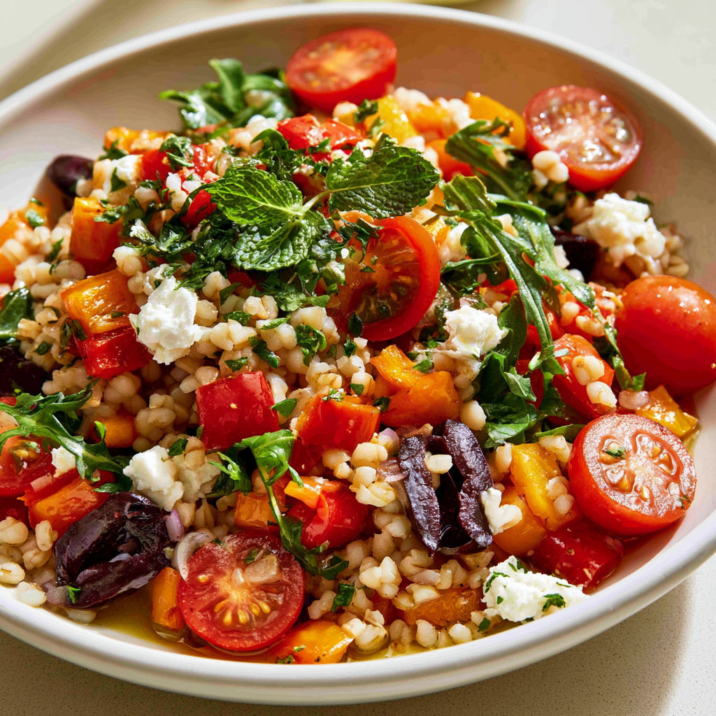 Salade d’orge façon méditerranéenne avec poivrons et feta.