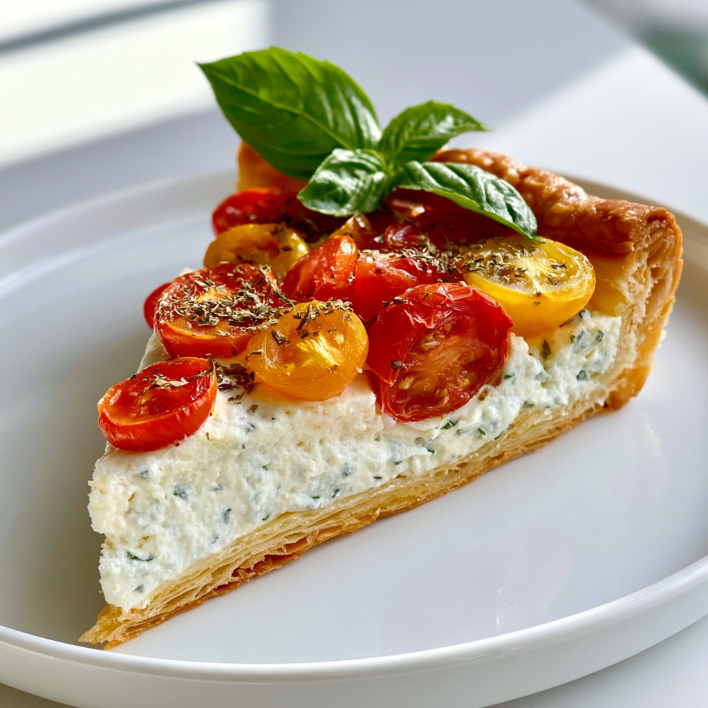Une belle tarte d'été avec des tomates multicolores et du basilic frais.