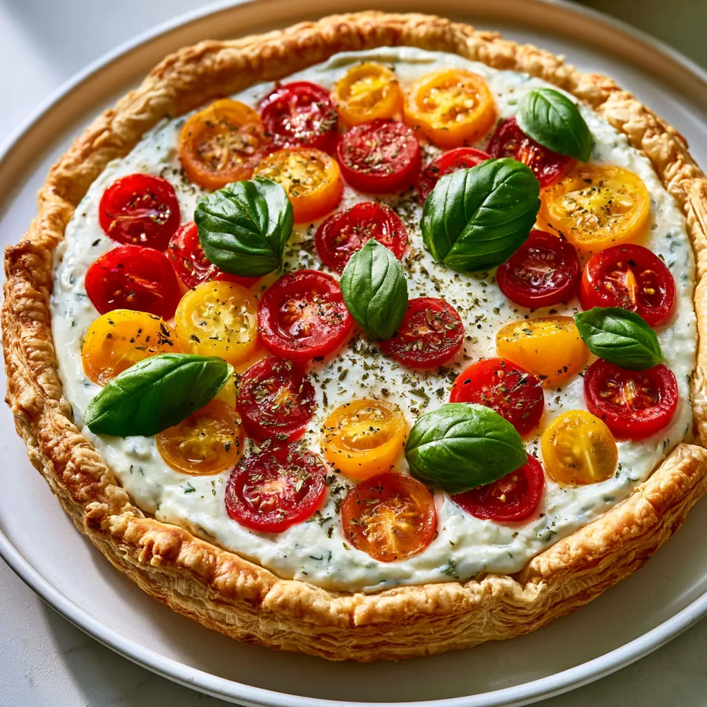 Tarte aux tomates cerises, skyr et fromage frais ultra fraîche et colorée pour l’été.