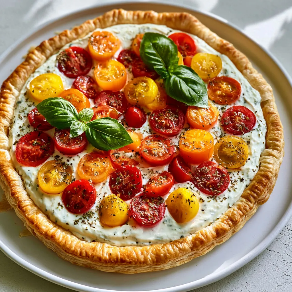 Tarte ultra fraîche aux tomates cerises et basilic, parfaite pour un repas d’été.