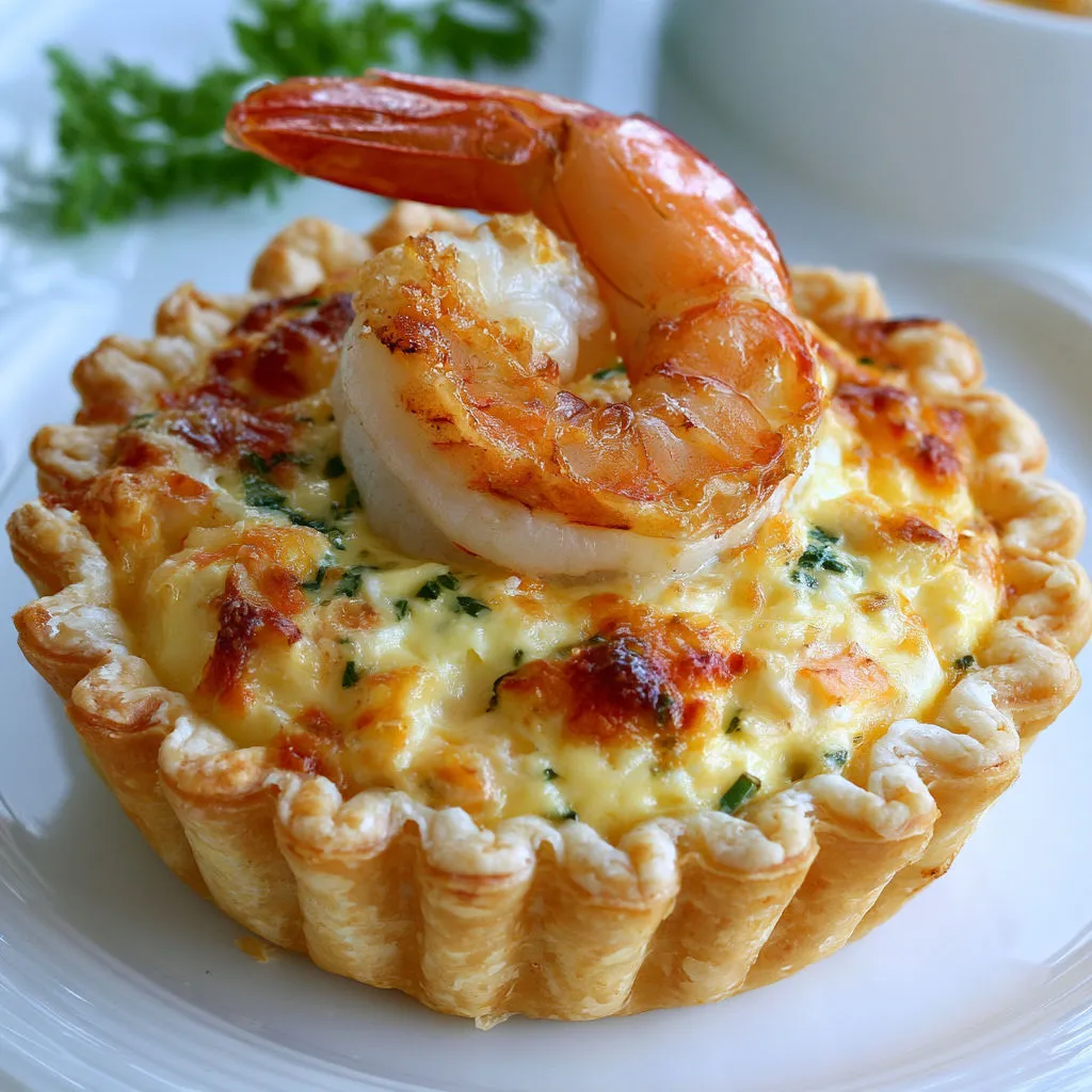Mini tartelettes crevettes, fromage fondant et ciboulette.
