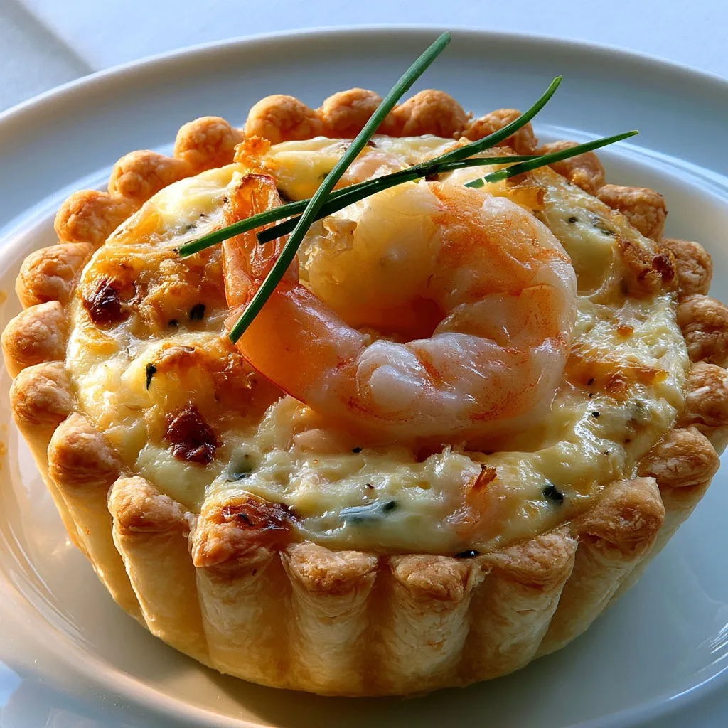 Mini tartelettes salées crevettes et fromage fondu.