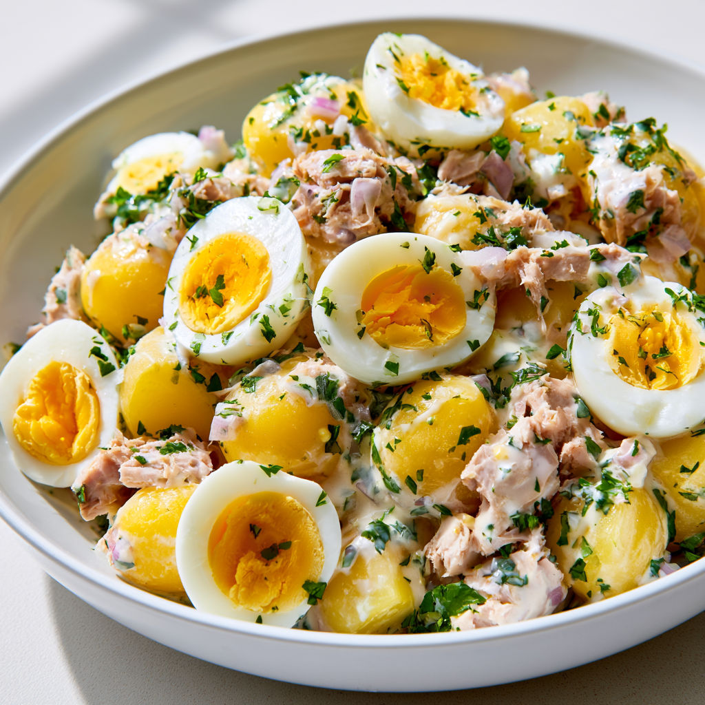 Un mélange simple de pommes de terre, thon et œufs, présenté dans une assiette.