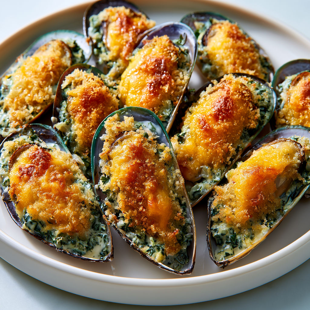 Moules gratinées au gruyère avec touches d’échalotes.