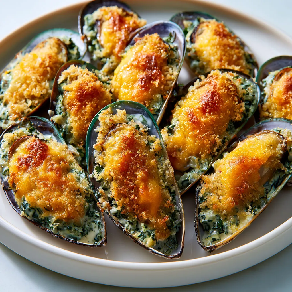 Moules gratinées au gruyère avec touches d’échalotes.