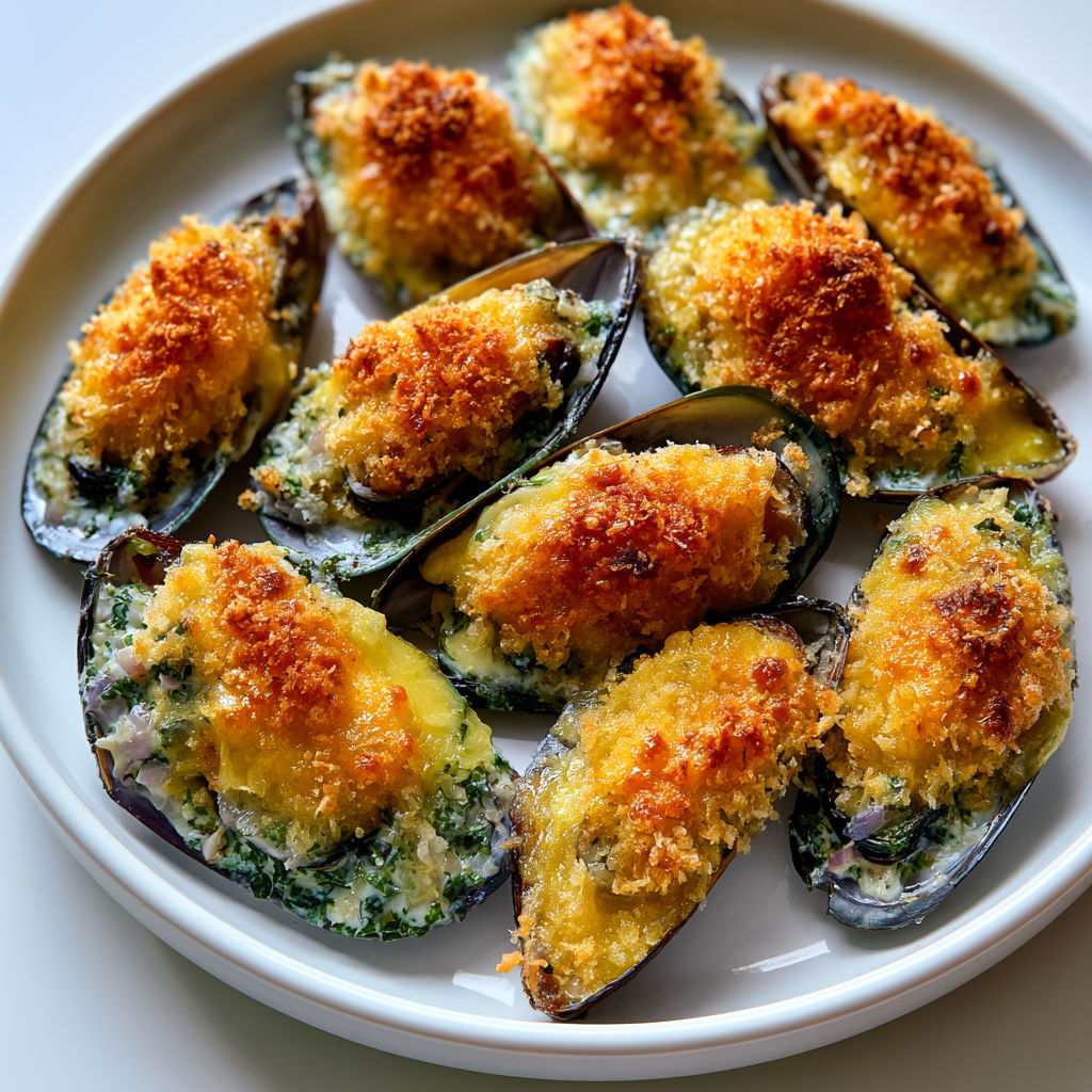 Moules gratinées avec gruyère, crème, persil sur une assiette.