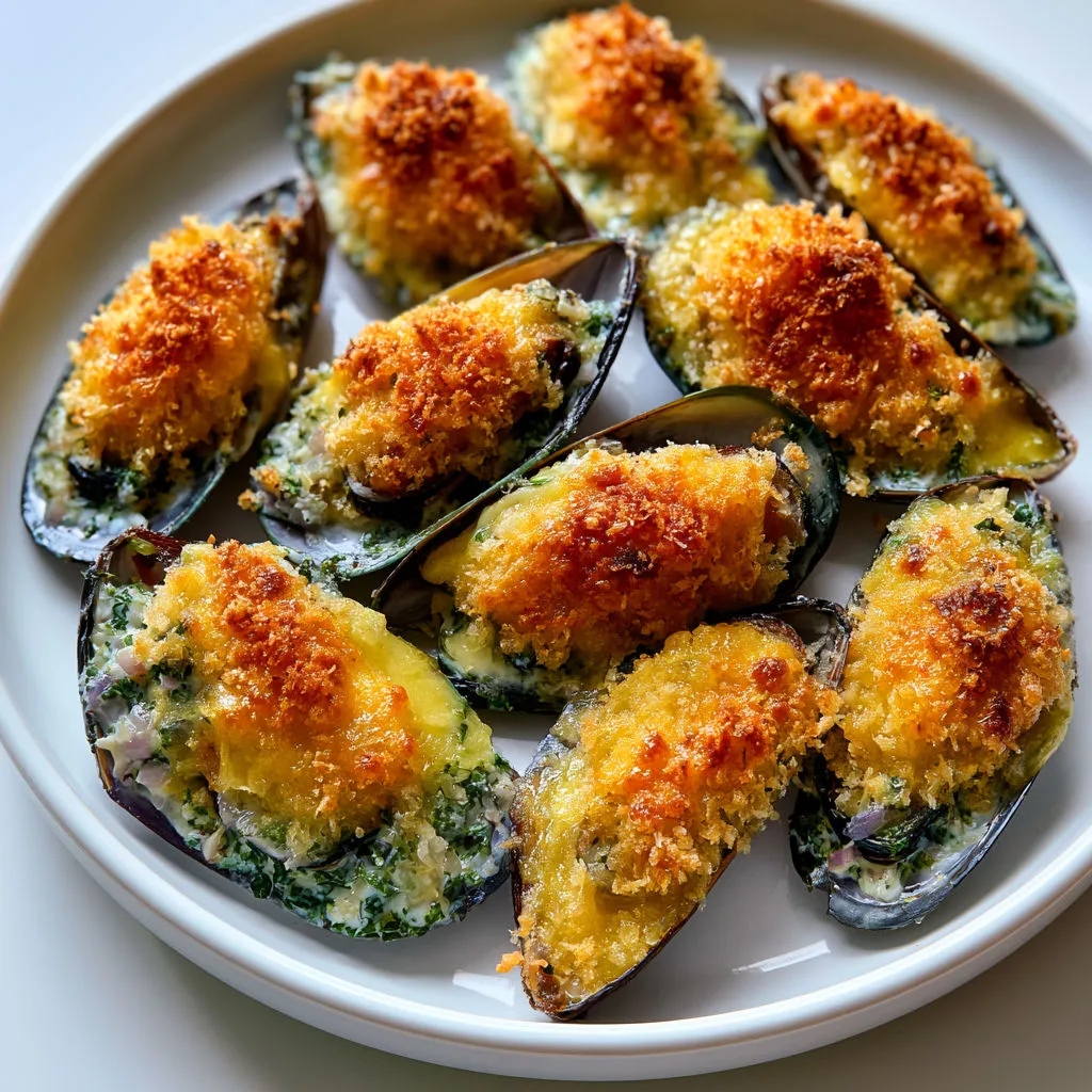 Moules gratinées avec gruyère, crème, persil sur une assiette.