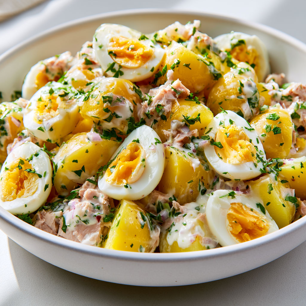 Un plat de pommes de terre, thon et œufs durs.