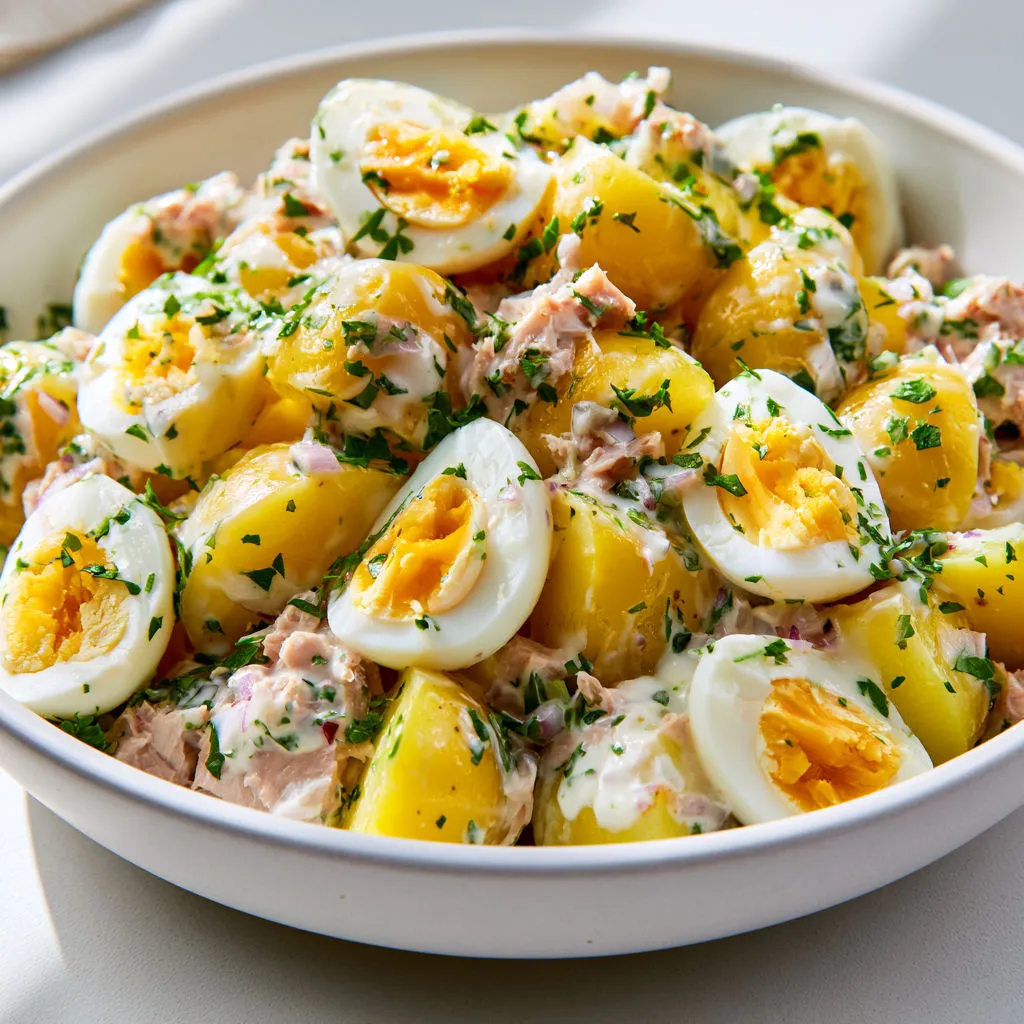 Un plat de pommes de terre, thon et œufs durs.