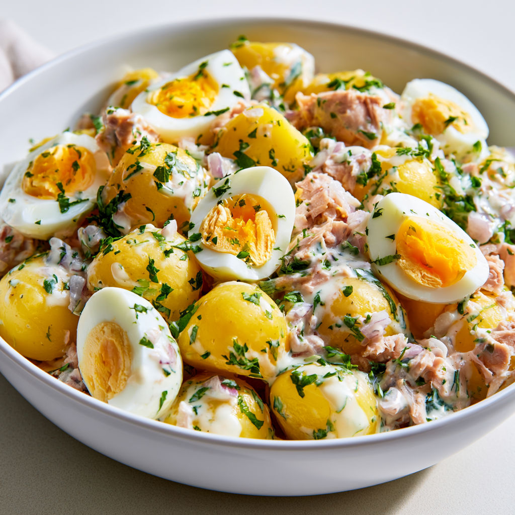 Plat de pommes de terre, thon, échalotes et herbes fraîches.