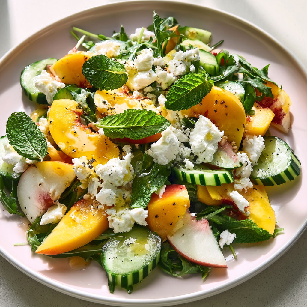 Une assiette de feta, pêches et concombre croquant.