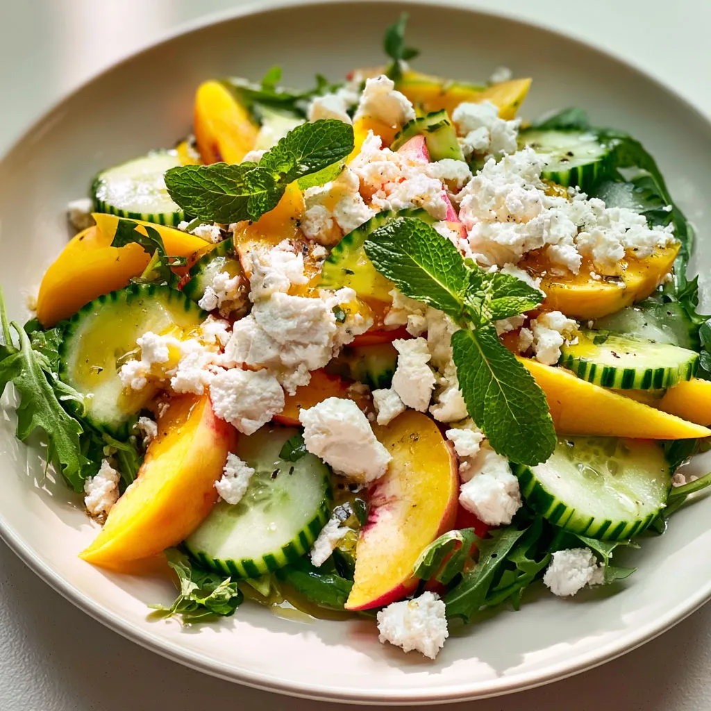 Salade pêche, concombre, feta, super fraîche et estivale.