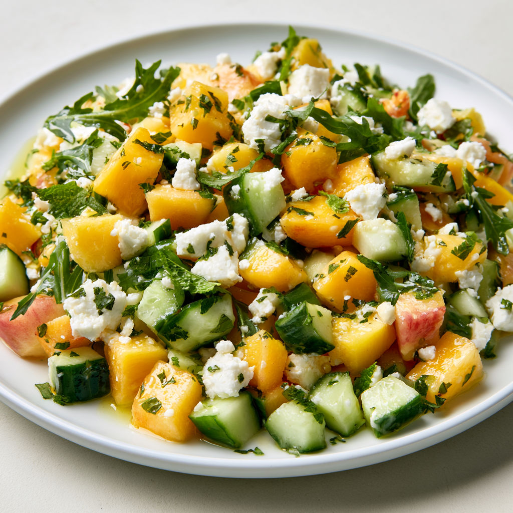 Salade colorée aux pêches, concombre, feta et menthe toute fraîche.