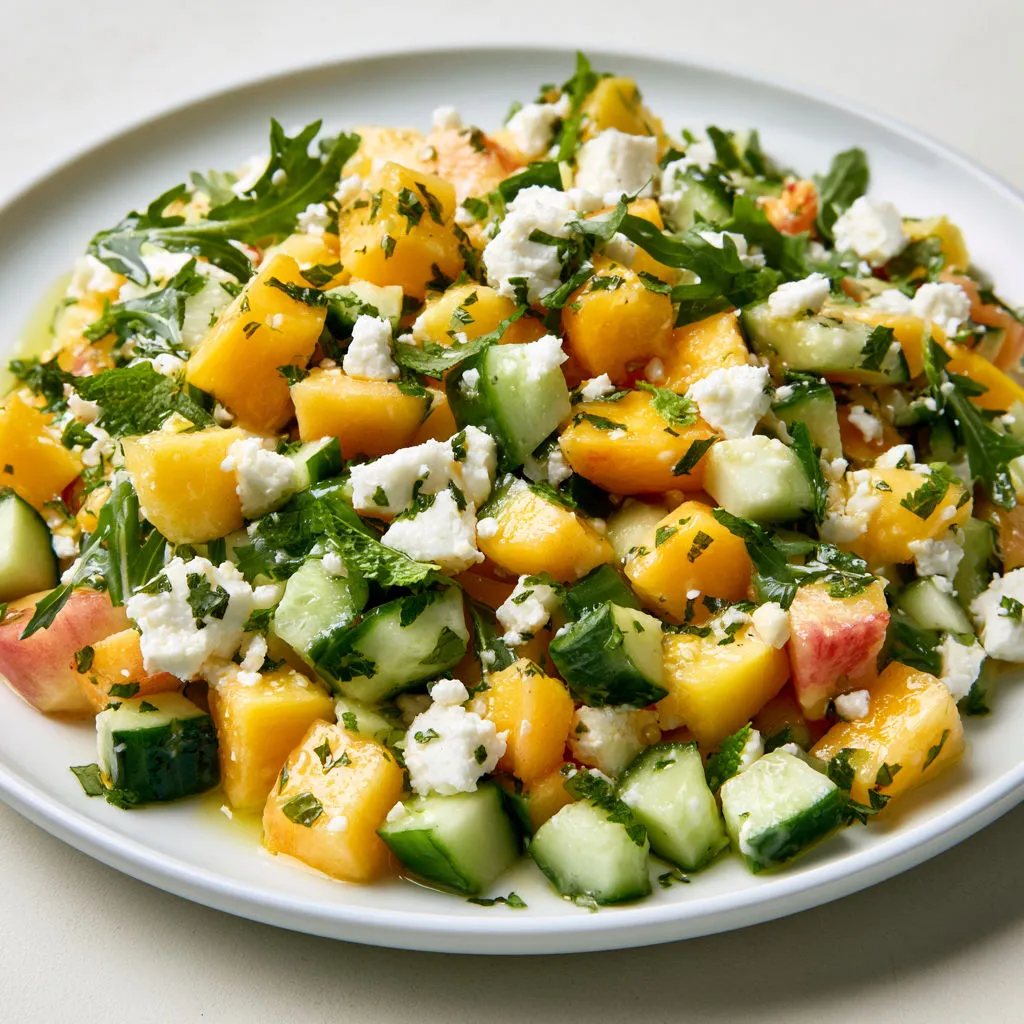 Salade colorée aux pêches, concombre, feta et menthe toute fraîche.