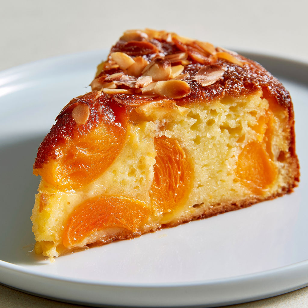 Une part de gâteau moelleux aux abricots et amandes sur un plat.