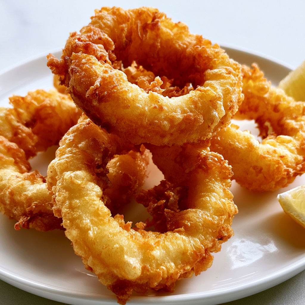 Calamars frits croustillants avec des quartiers de citron.