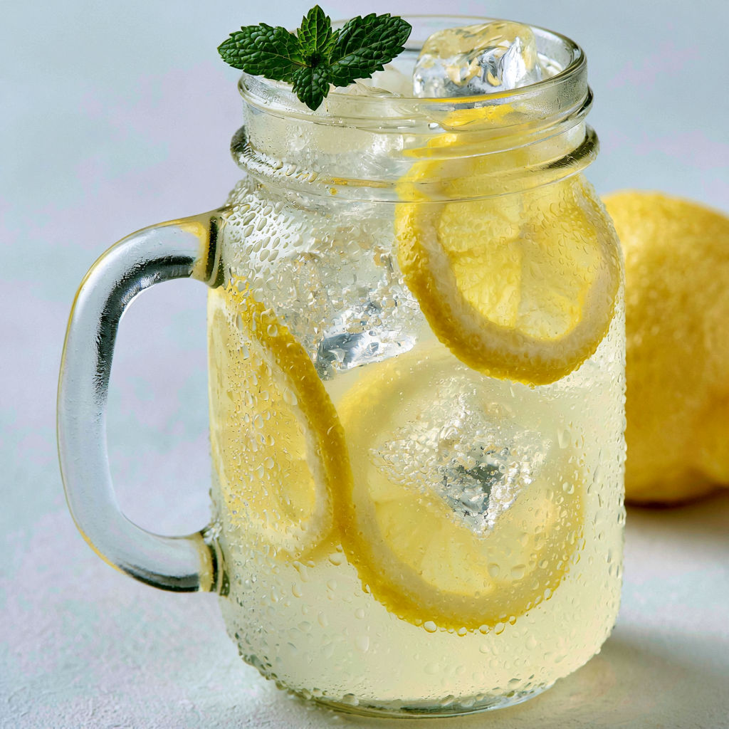 Un verre de boisson citronnée avec des glaçons et décoré de citrons, prêt à être dégusté.