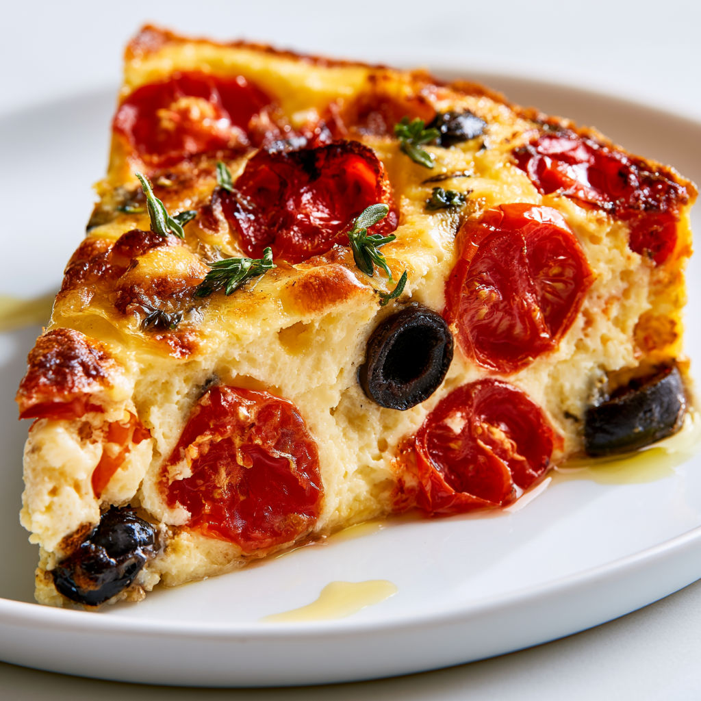 Part de clafoutis doré avec tomates et olives, un incontournable de l'été.