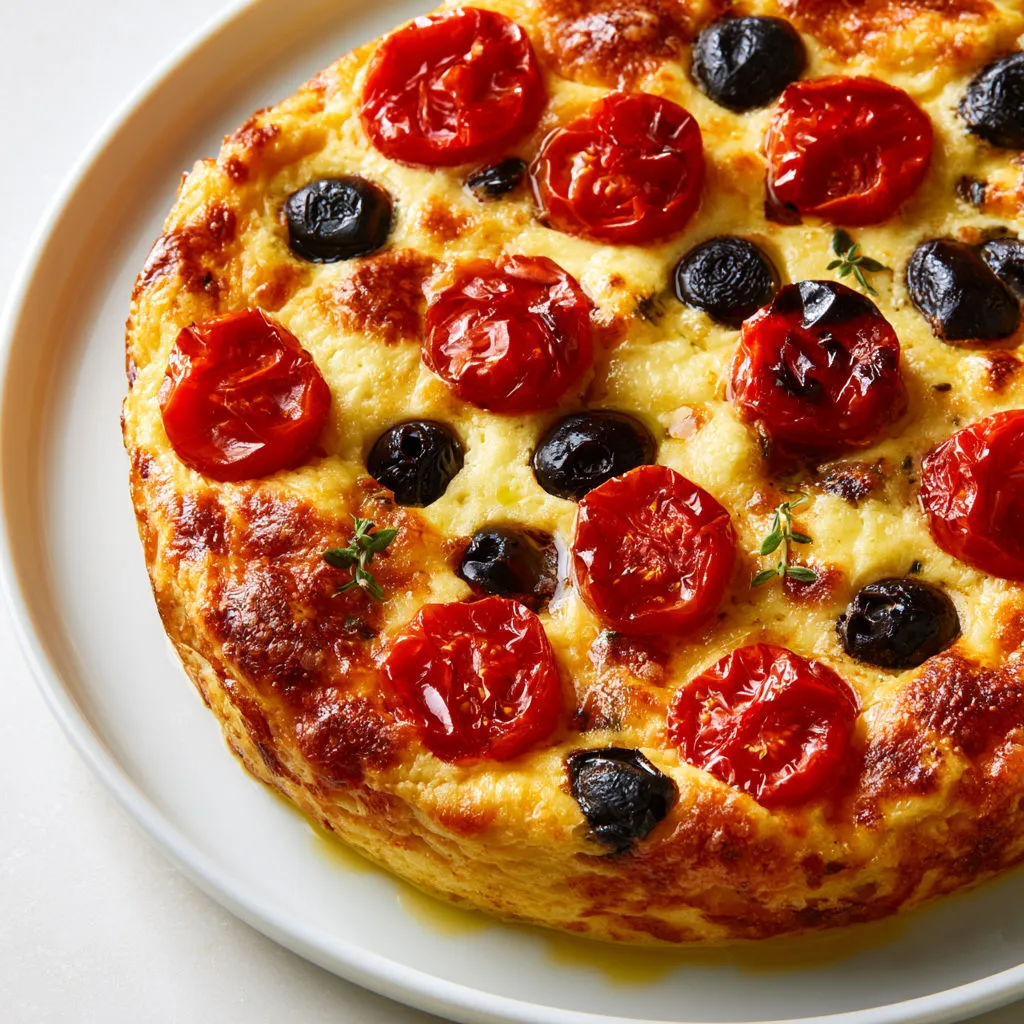 Clafoutis salé tout moelleux aux tomates cerises, olives et parmesan.