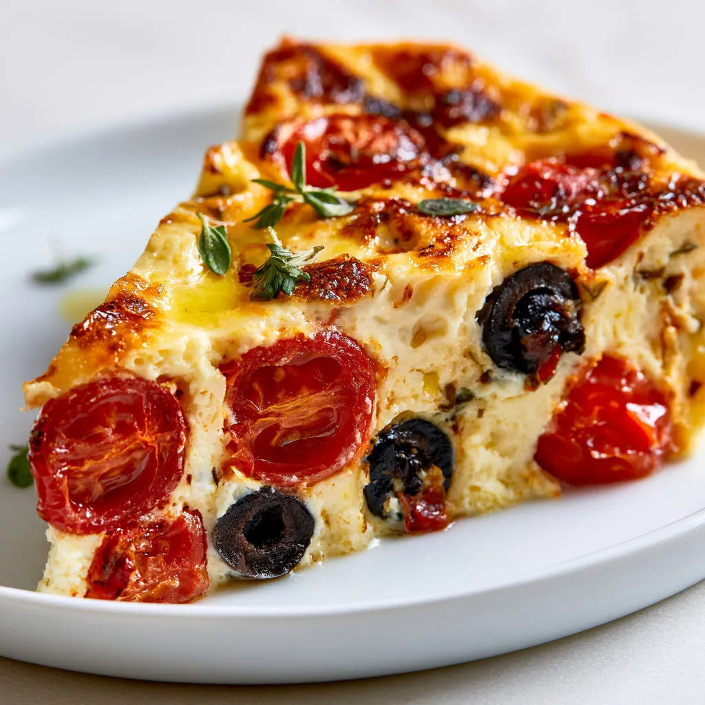 Clafoutis salé parfumé aux tomates, olives, thym avec une texture fondante.