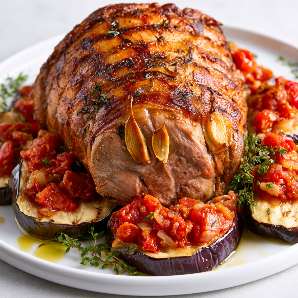 Agneau grillé au barbecue avec aubergines et tomate confites.