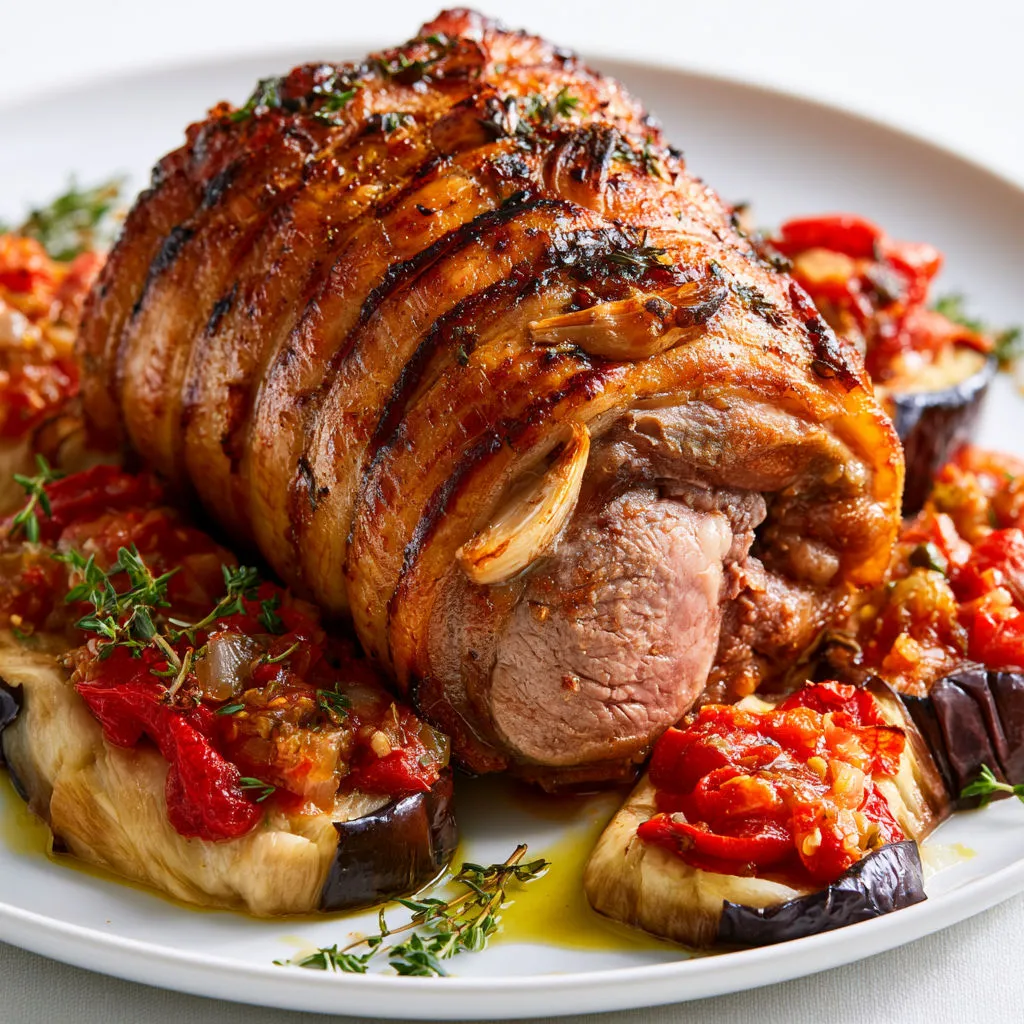 Épaule d’agneau grillée avec aubergines fondantes et tomates.