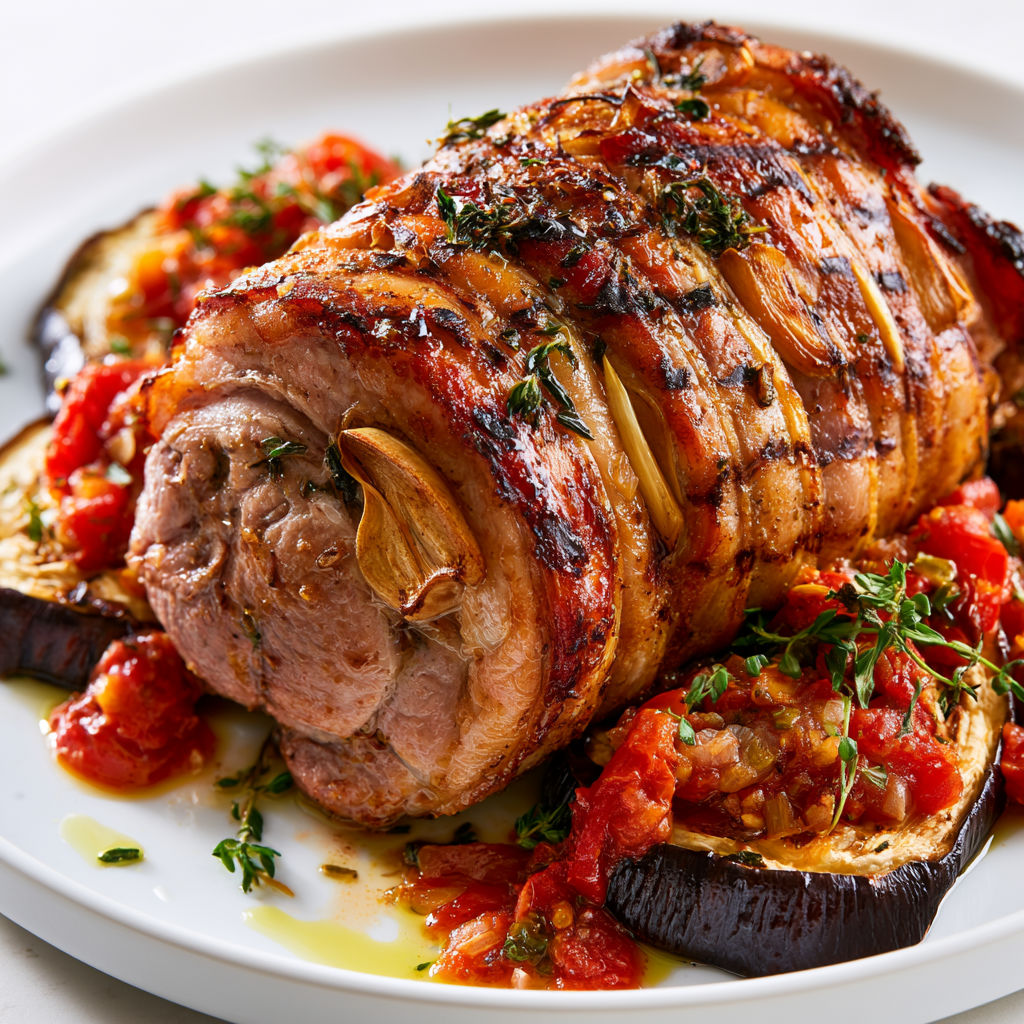 Épaule d’agneau grillée et aubergines à la tomate.