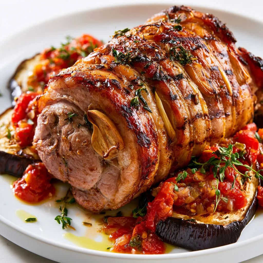 Épaule d’agneau grillée et aubergines à la tomate.