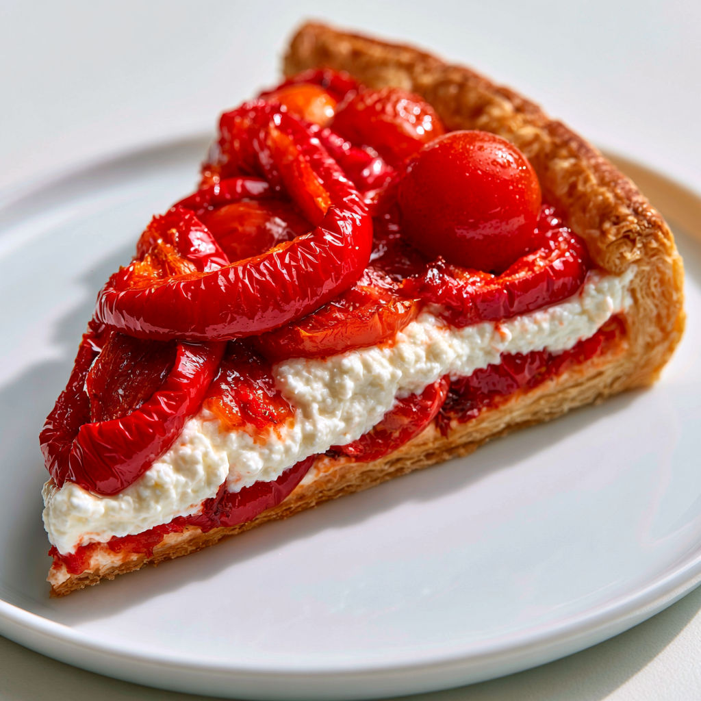 Tarte d'été croustillante avec tomates et poivrons marinés.