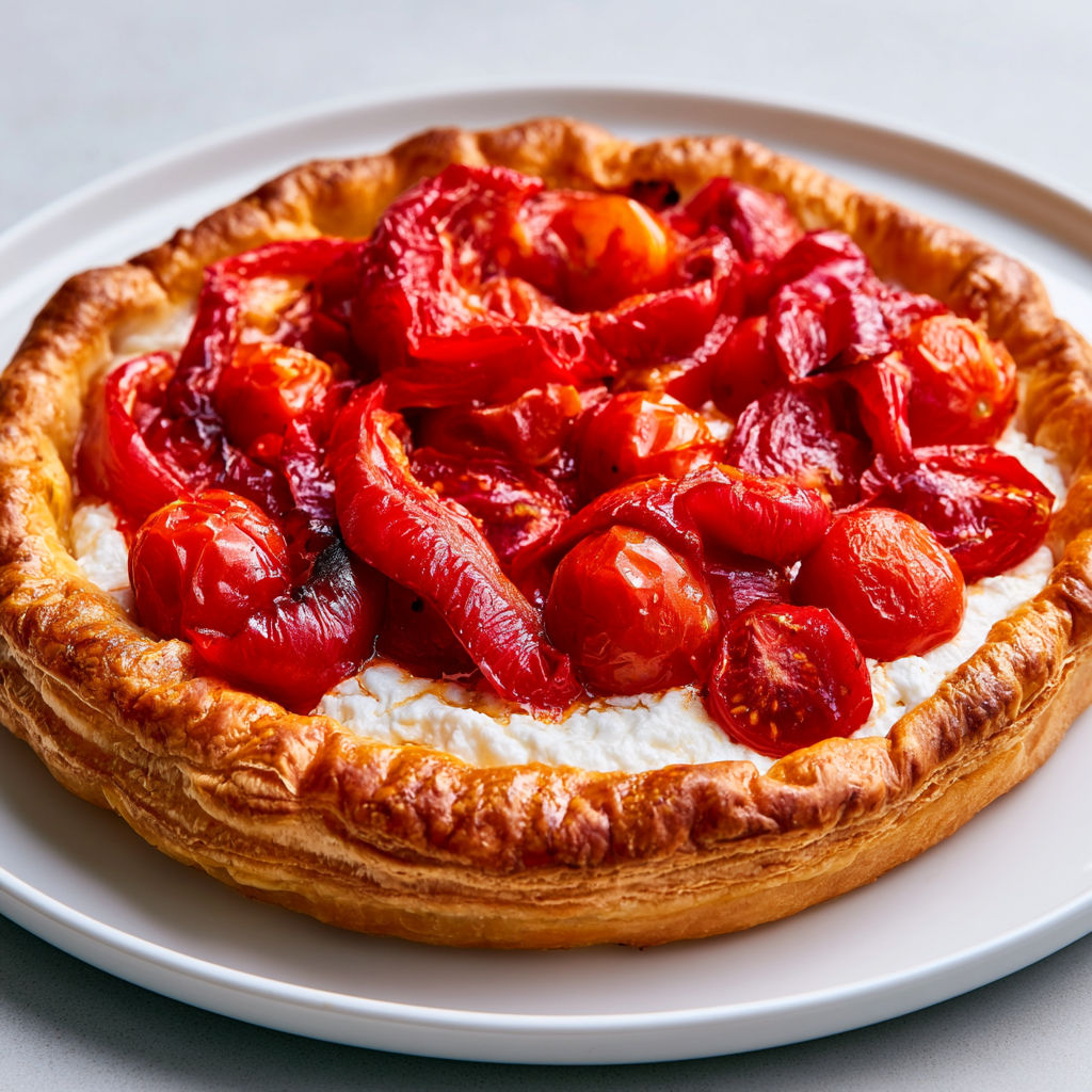 Tarte feuilletée aux tomates et poivrons grillés, garnie de ricotta.