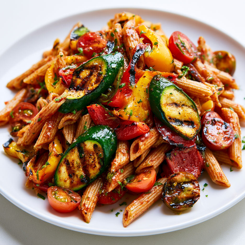 Plat de pâtes avec légumes dorés et sauce tomate maison.