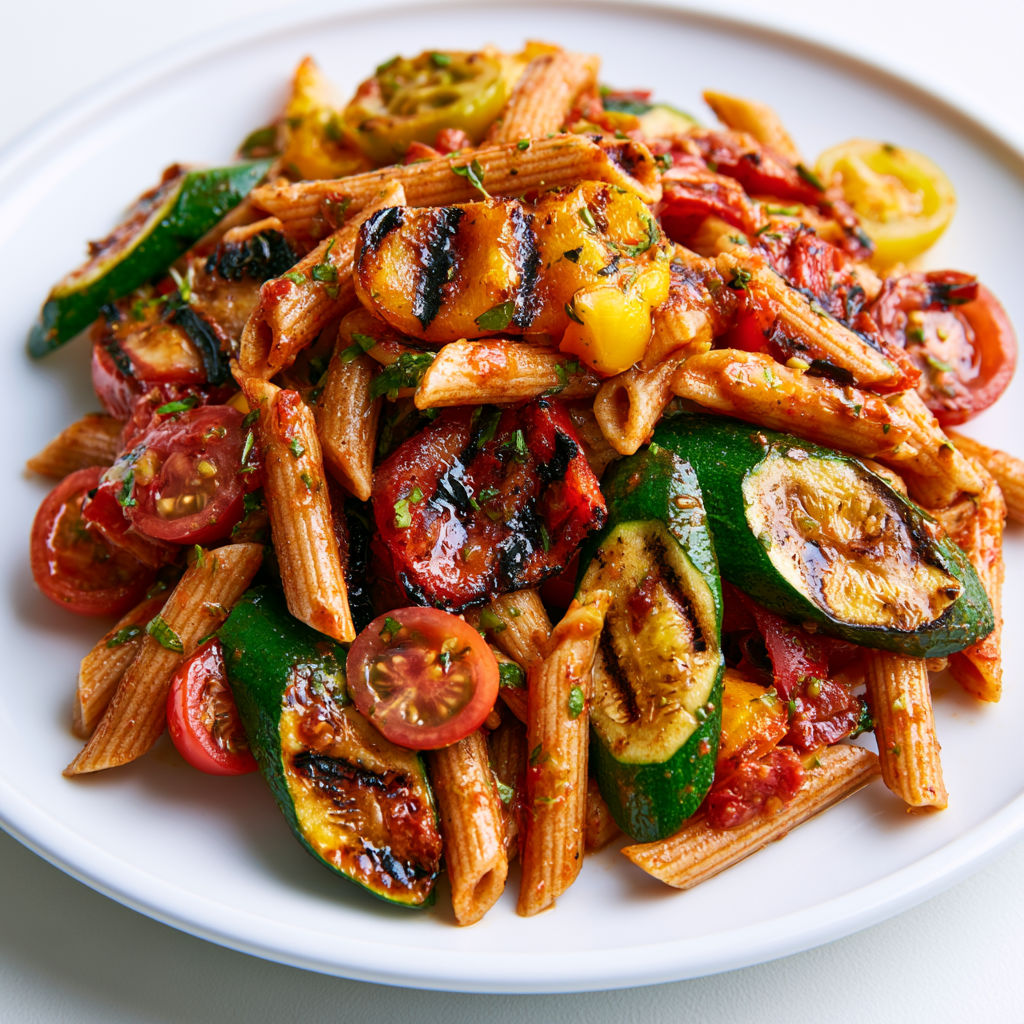 Pâtes estivales aux légumes de saison et sauce tomate maison.