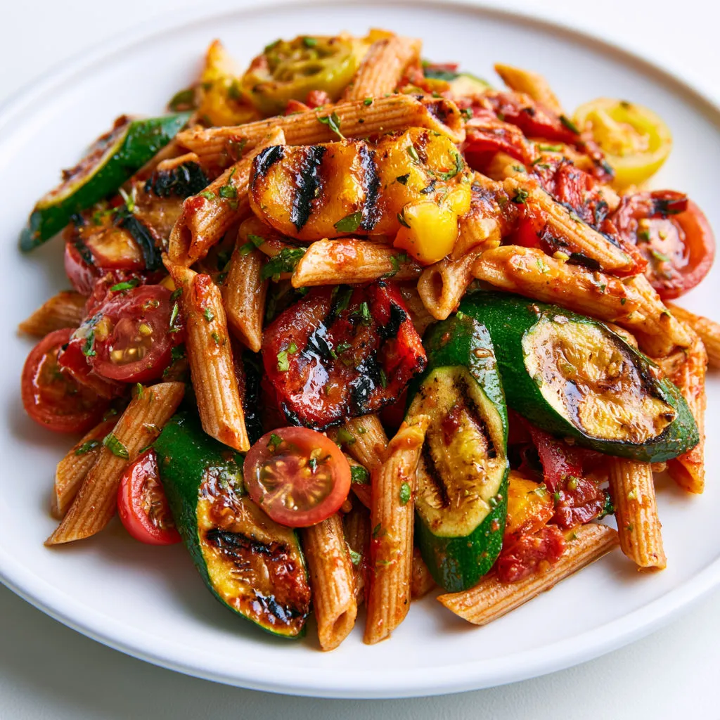 Pâtes estivales aux légumes de saison et sauce tomate maison.
