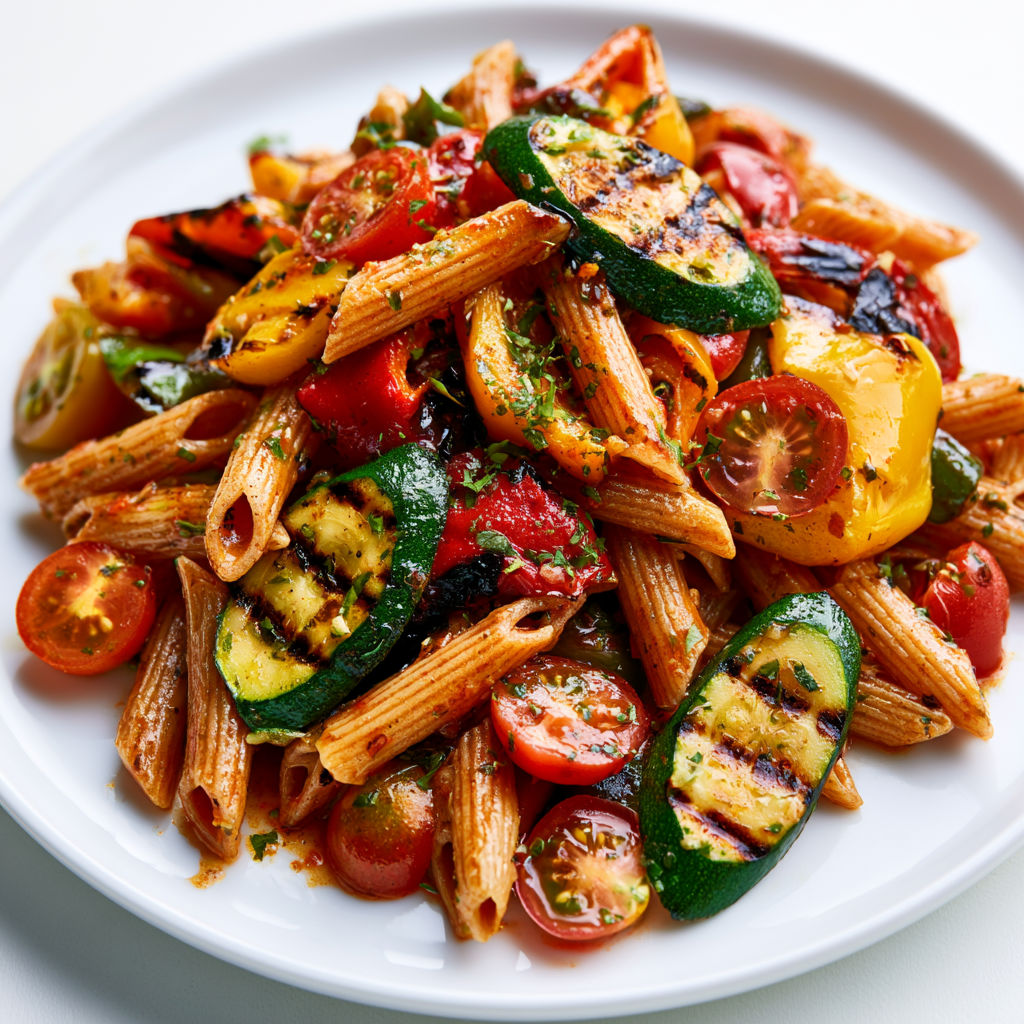 Salade de pâtes fraîche avec légumes grillés et tomate.