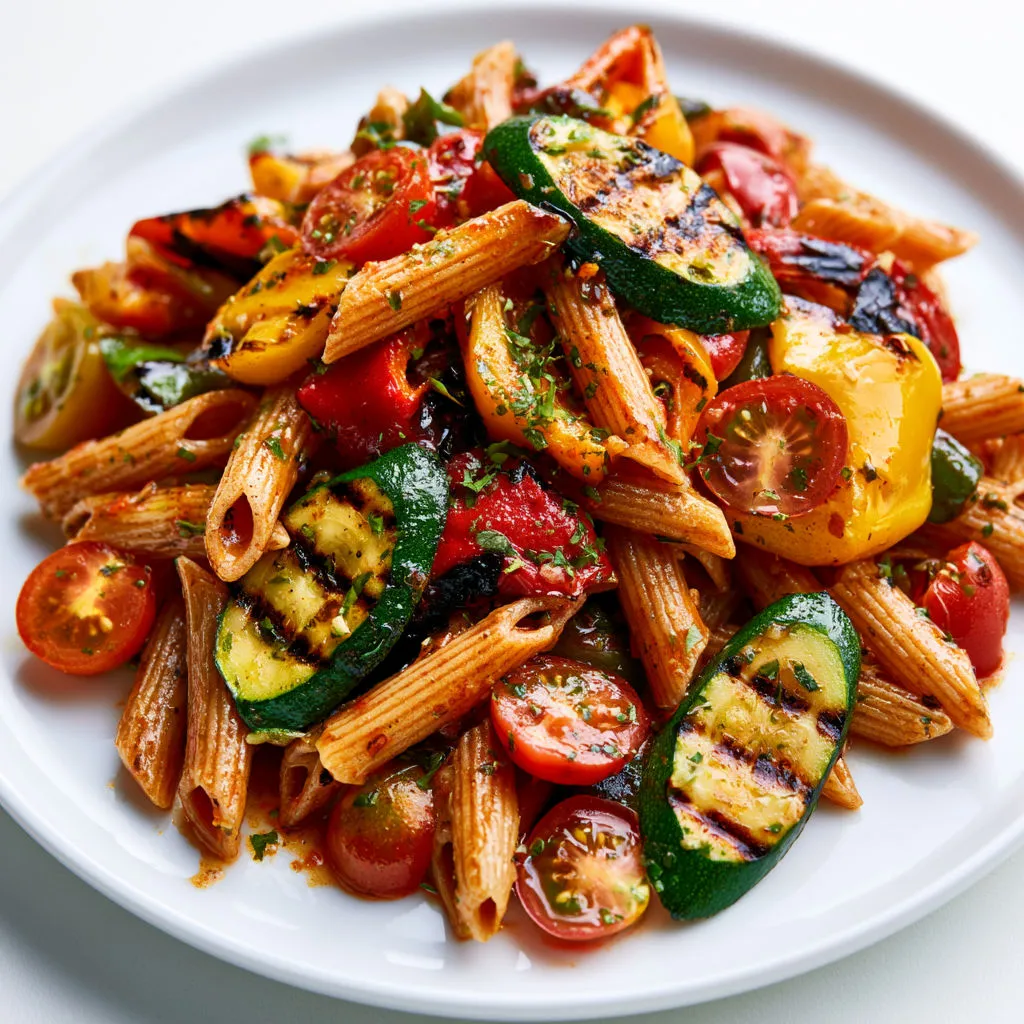 Salade de pâtes fraîche avec légumes grillés et tomate.